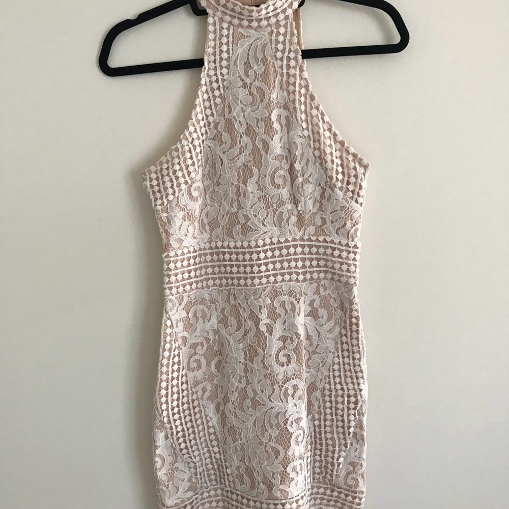 Nude high neck minidress with white lace overlay